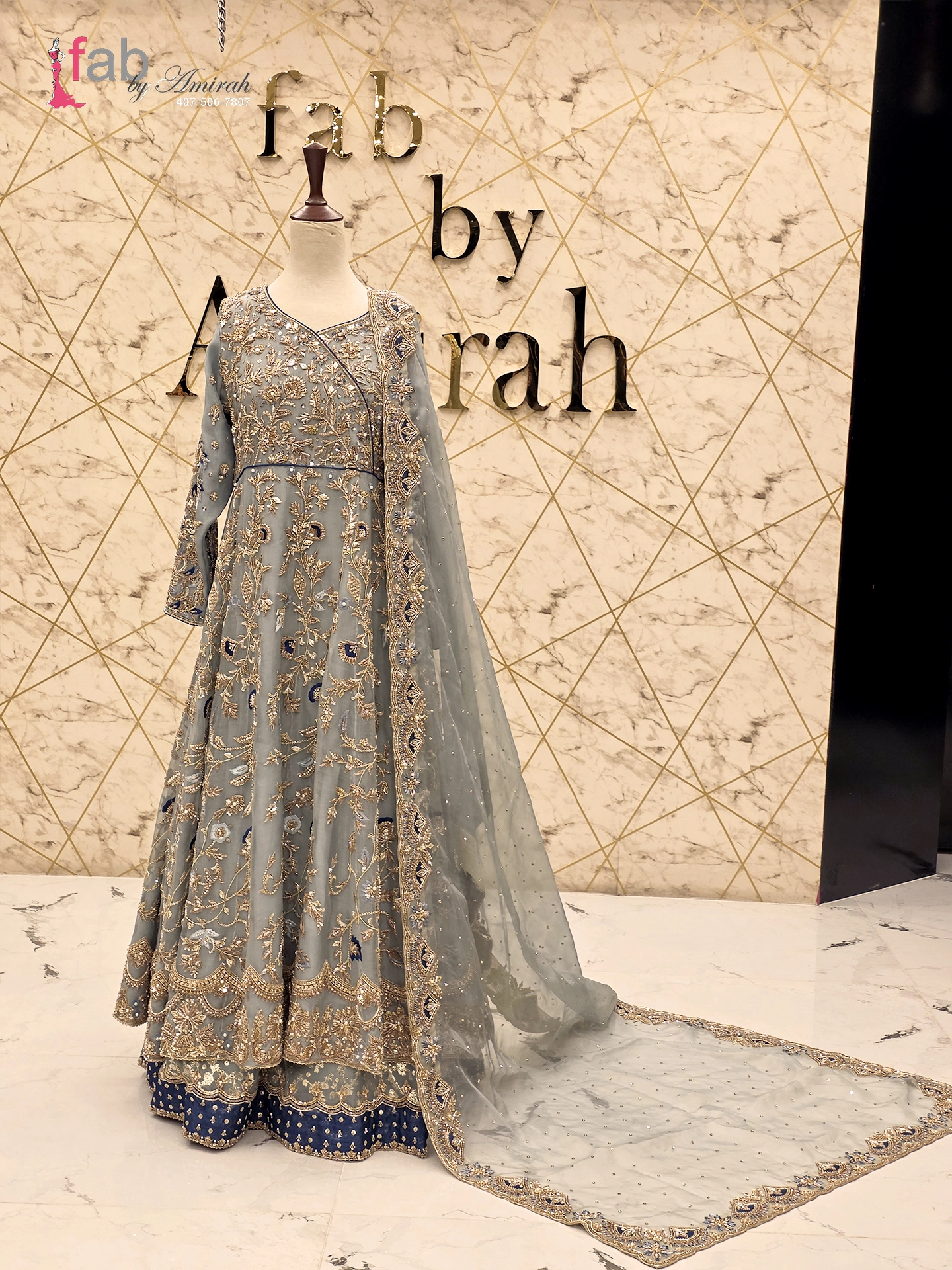 Dusty Blue Angrakha Frock Heavy Gold Work
