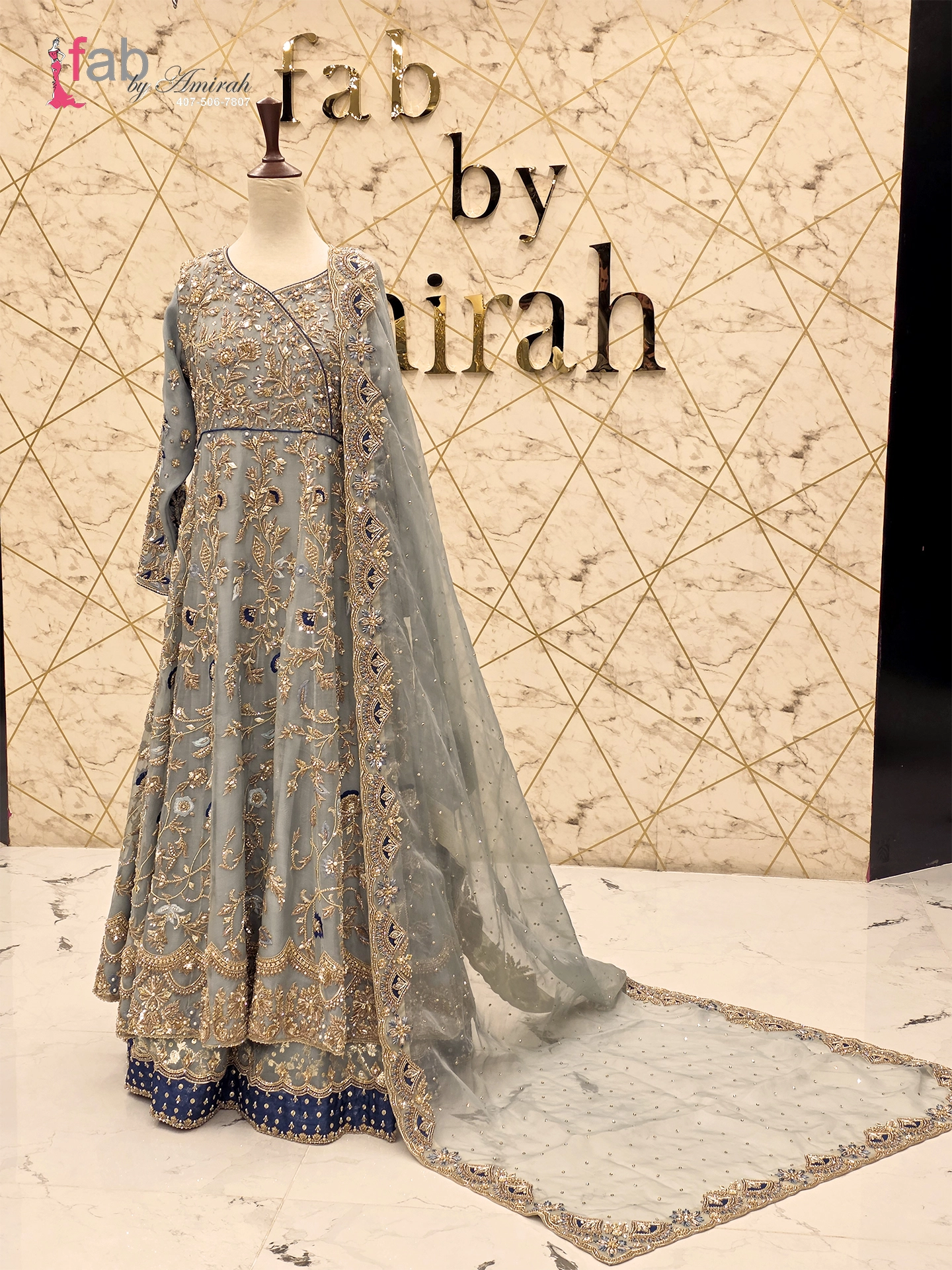 Dusty Blue Angrakha Frock Heavy Gold Work
