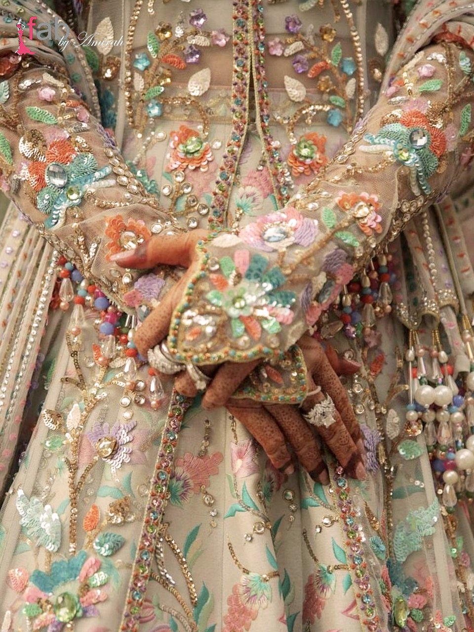 Close-up of multi-color floral embroidery