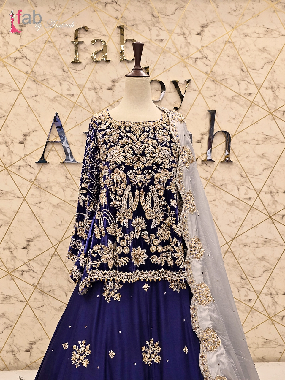 Back view of royal blue bridal set showing detailed long back tail lehenga pattern Back view of royal blue bridal set showing detailed long back tail lehenga pattern