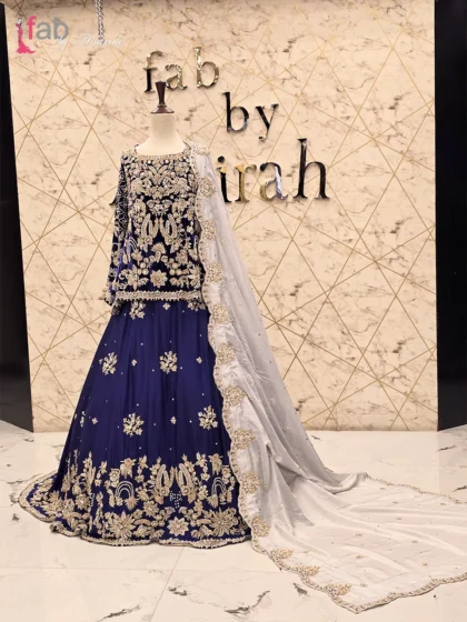 Complete royal blue long back tail lehenga set with powder grey silk dupatta