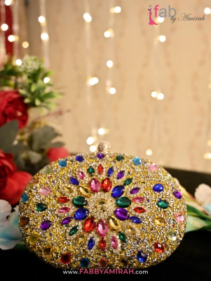 Multicolor bridal clutch bag with gold sunburst stone design - Fab by Amirah