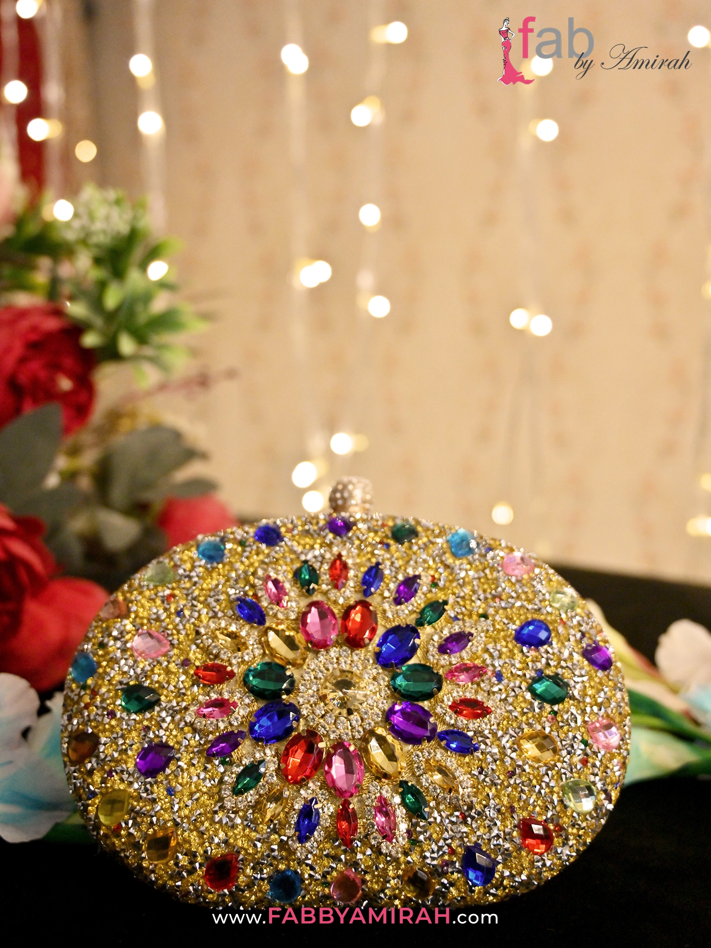Multicolor bridal clutch bag with gold sunburst stone design - Fab by Amirah