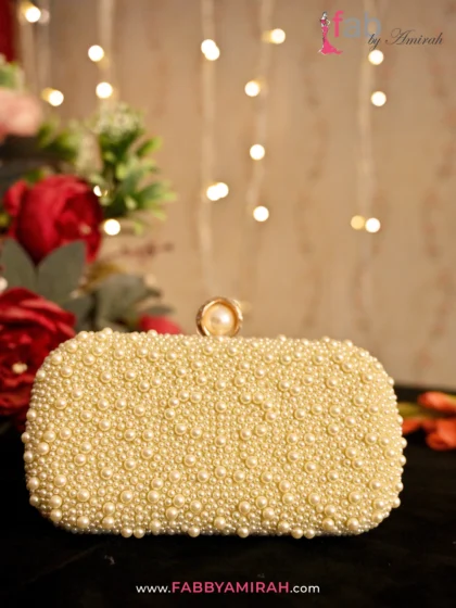 FAB By AMIRAH 17 Fab By Amirah Luxury Gold Bridal Clutch Bag with Ivory Pearls and Gold Chain