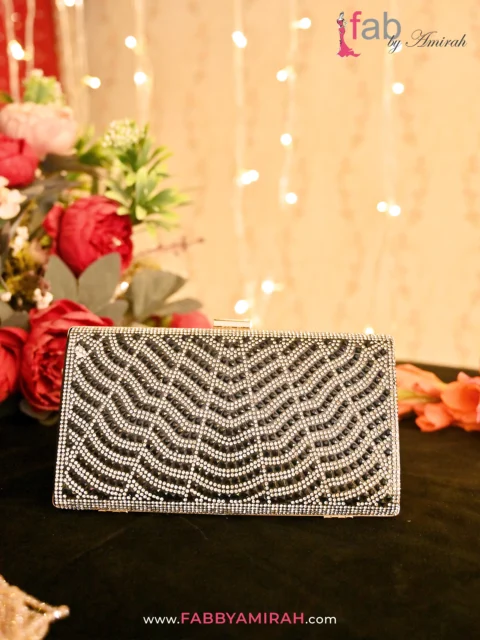 Black bridal clutch bag with silver wave crystal pattern - Fab by Amirah