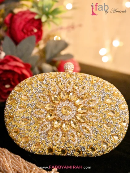 FAB By AMIRAH 14 Luxury Gold Crystal Bridal Clutch Bag