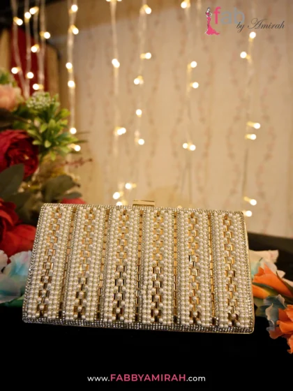 FAB By AMIRAH 13 Luxury Pearl & Gold Embellished Bridal Clutch