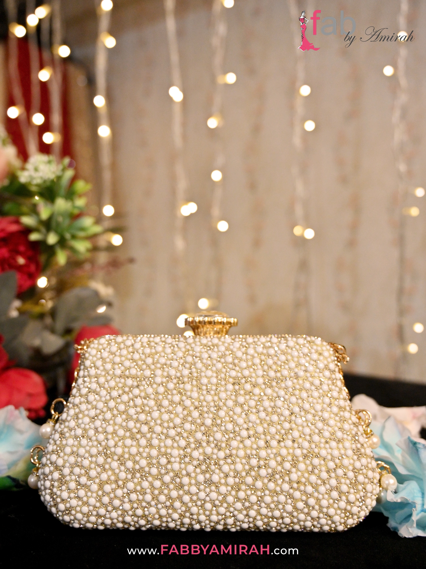 Ivory pearl bridal clutch styled for a Pakistani Nikah wedding ceremony