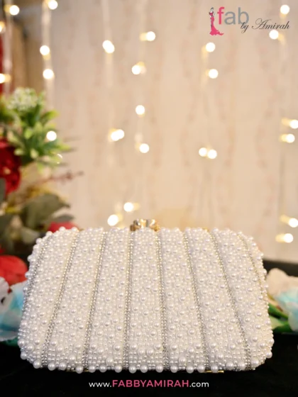 FAB By AMIRAH 8 Luxury Pearl Bridal Clutch White Crystal Embellished