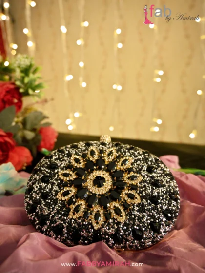 Luxury Black Floral Bridal Clutch with gold stone flower design - Fab by Amirah