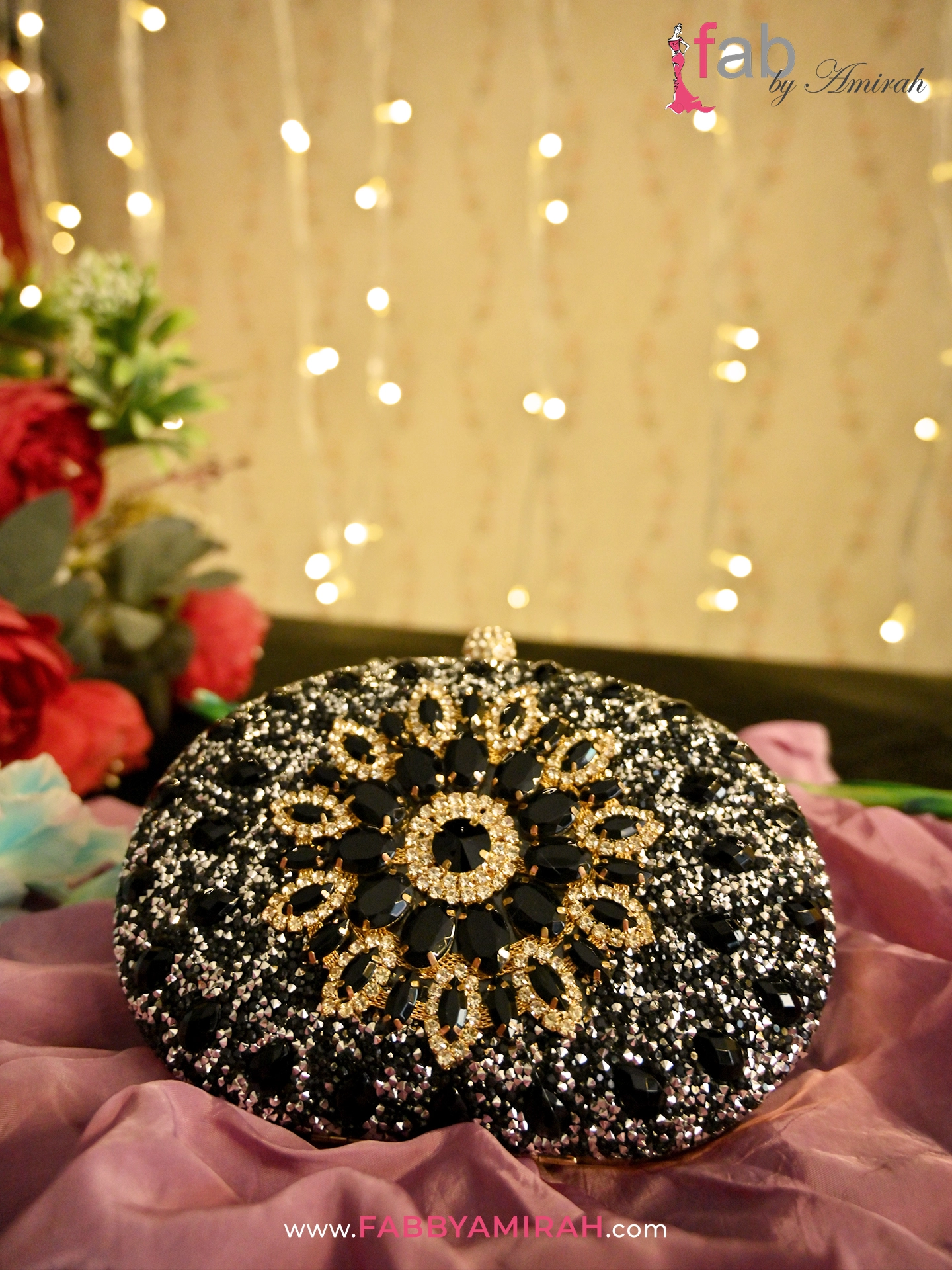 Luxury Black Floral Bridal Clutch with gold stone flower design - Fab by Amirah