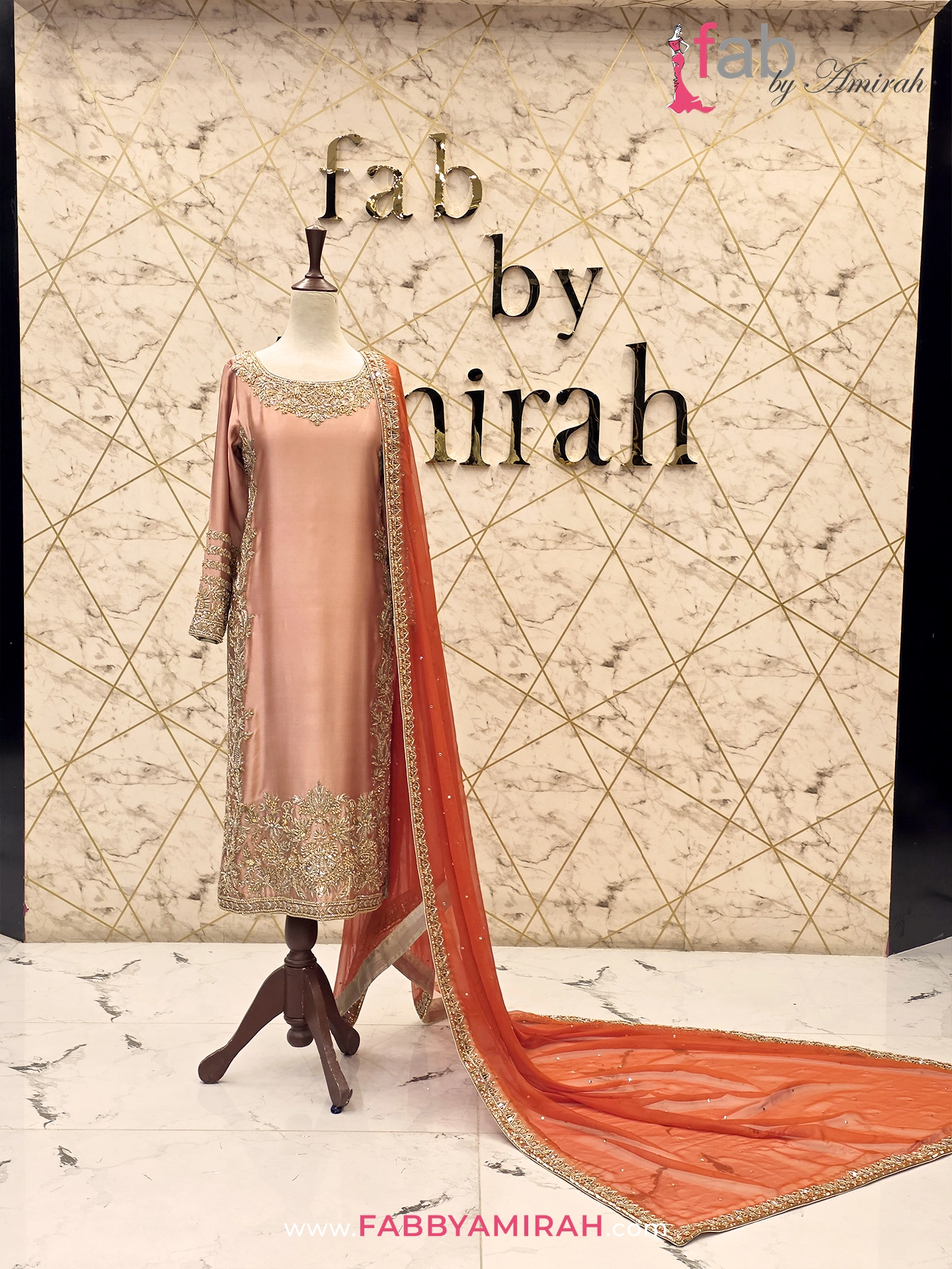 Complete peach long shirt bridal set with pure raw silk finish