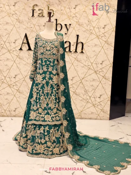 Green bridal lehenga with long shirt styled for a traditional Barat ceremony