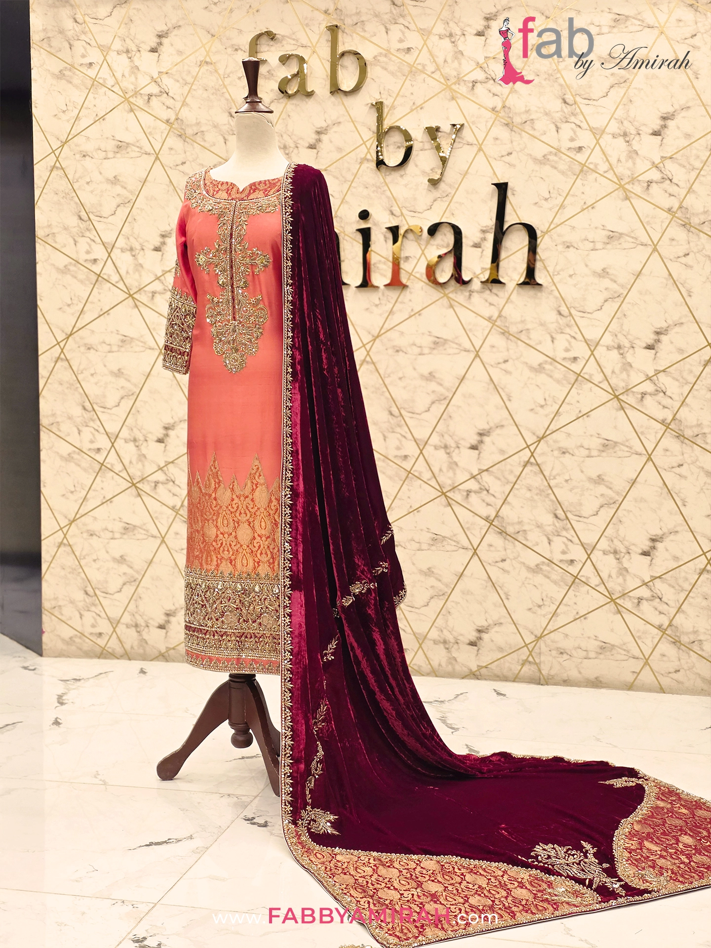 Peach organza suit with velvet dupatta and Zardozi work by Fab By Amirah