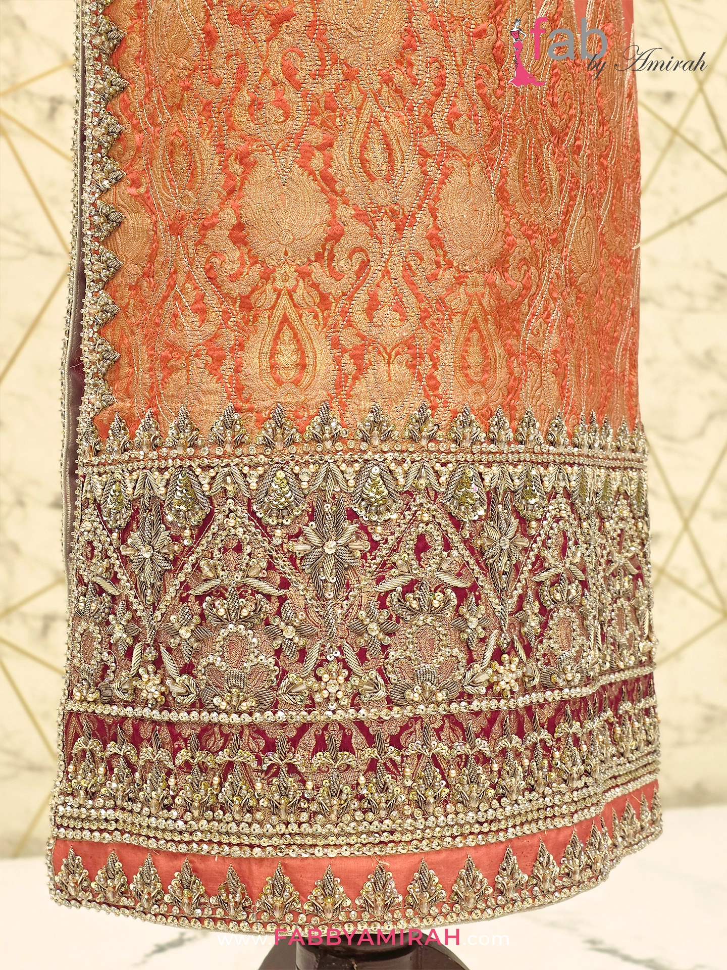 Regal peach organza suit with velvet dupatta styled for Pakistani formal party