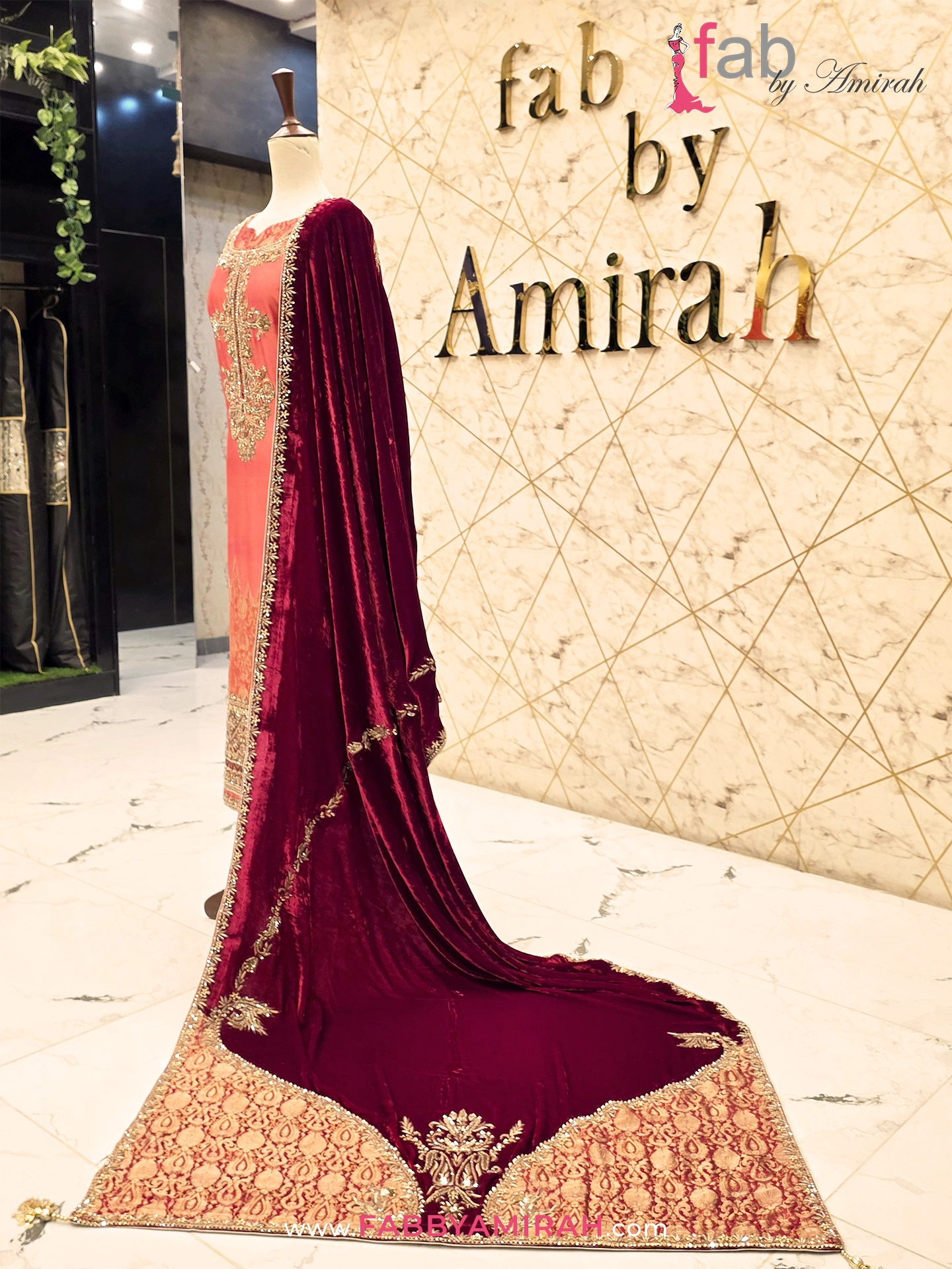 Complete 2026 peach organza suit with maroon velvet dupatta formal set