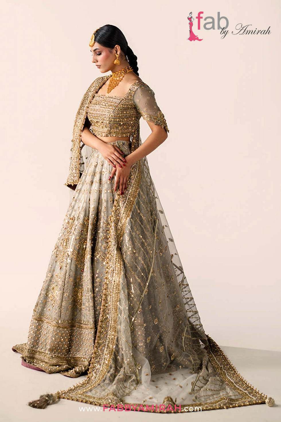 Detailed border embroidery on metallic grey bridal lehenga for Barat Detailed border embroidery on metallic grey bridal lehenga for Barat