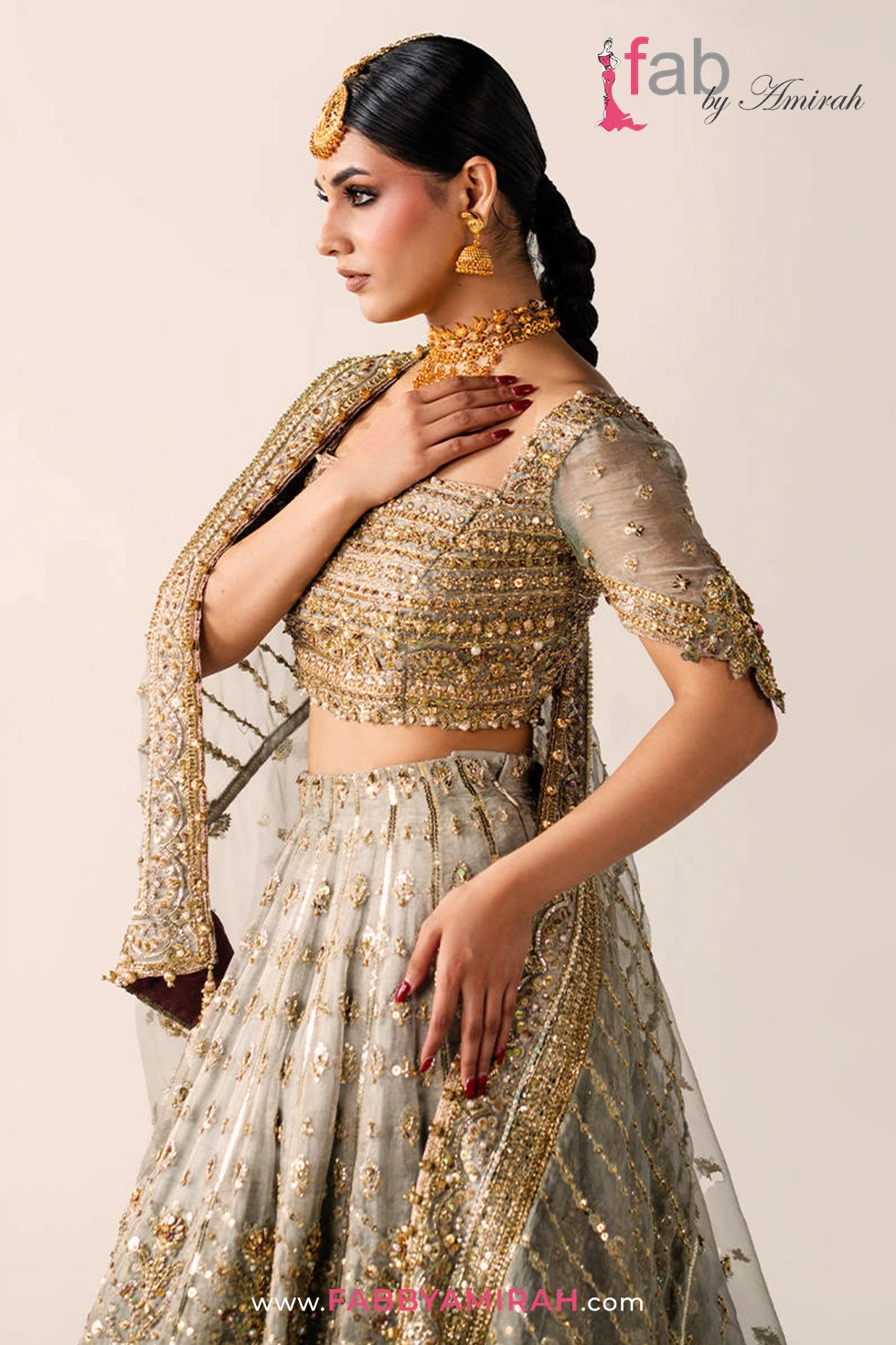 Bridal lehenga choli in metallic grey tissue and organza fabric blend Bridal lehenga choli in metallic grey tissue and organza fabric blend