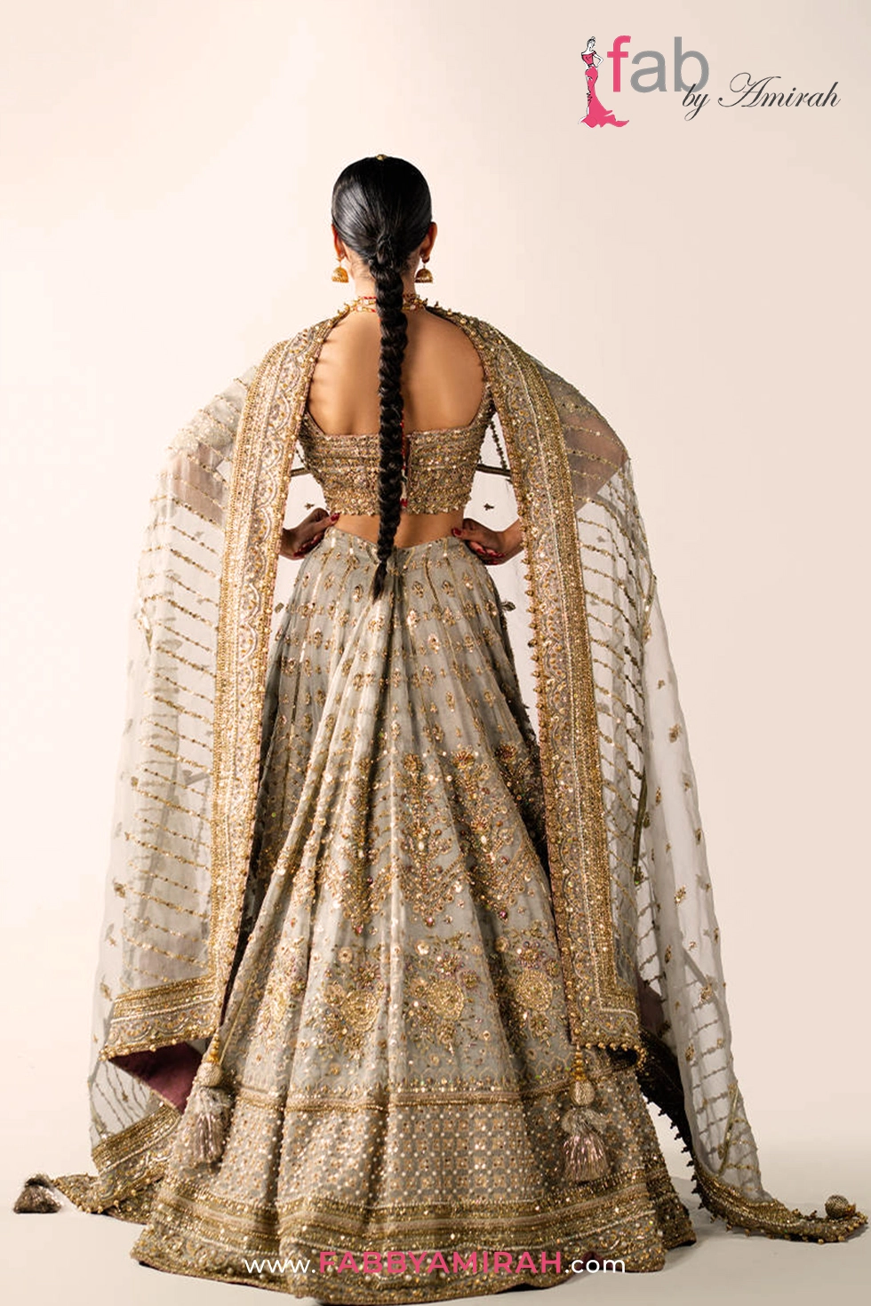 Back view of Sultan Begum lehenga by Fab By Amirah showing geometric embroidery Back view of Sultan Begum lehenga by Fab By Amirah showing geometric embroidery