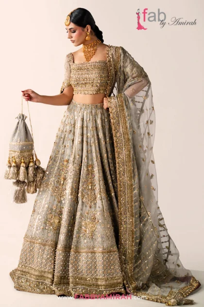 Grey bridal lehenga for Barat metallic lehenga choli with heavy Naqshi work by Fab By Amirah