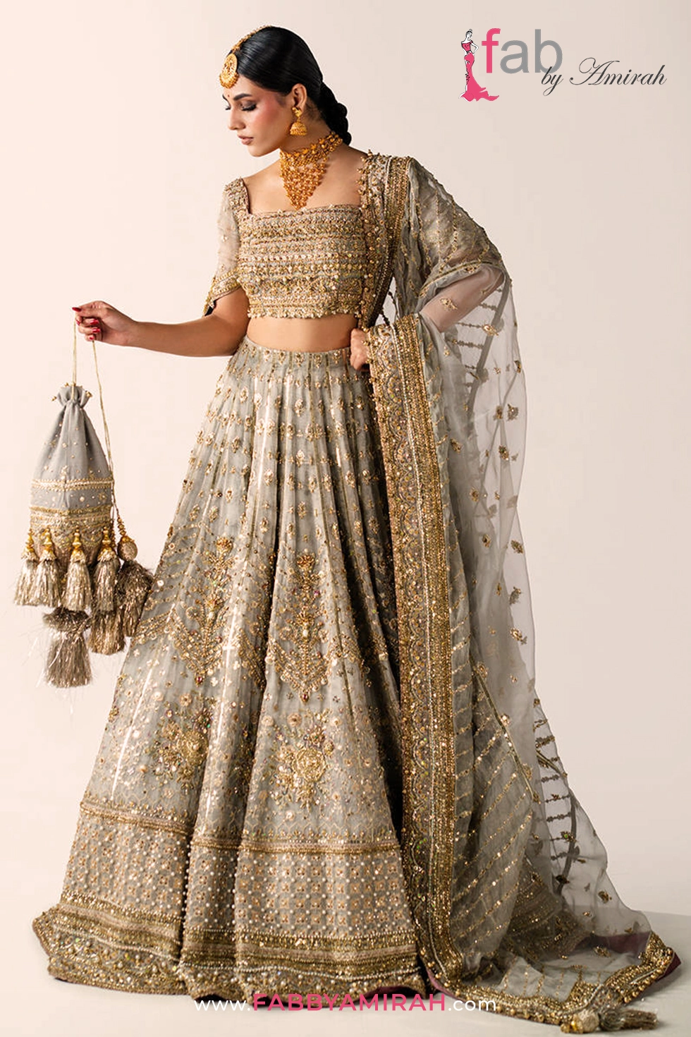 Radiant Grey Lehenga Choli - 2026 Grey Bridal Lehenga for Barat 1 Grey bridal lehenga for Barat metallic lehenga choli with heavy Naqshi work by Fab By Amirah