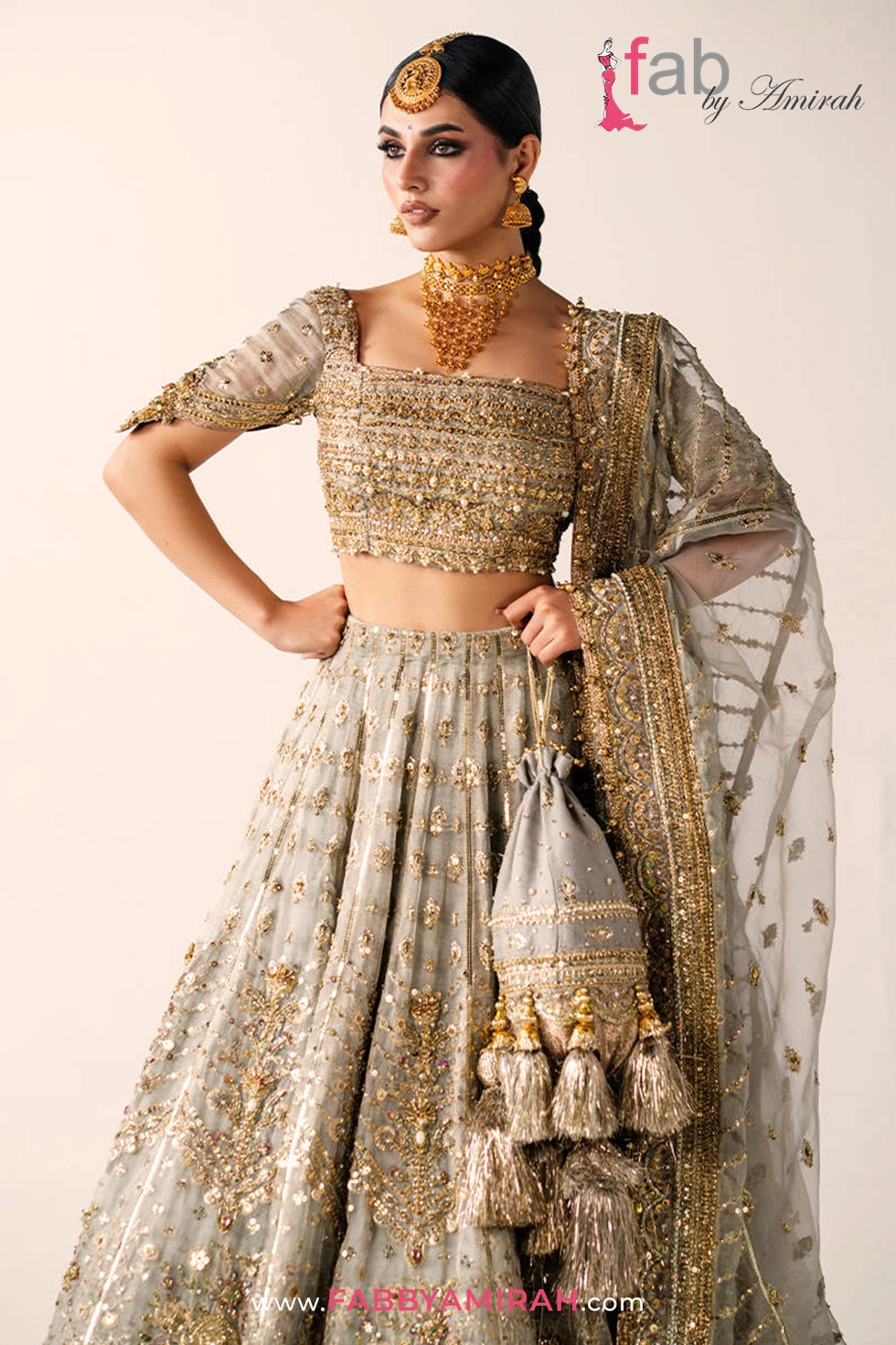 Grey bridal lehenga for Barat styled for Mughal Heritage theme ceremony Grey bridal lehenga for Barat styled for Mughal Heritage theme ceremony