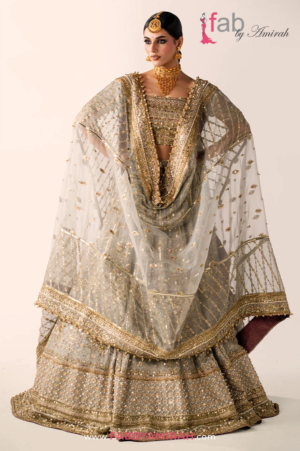 Complete metallic grey lehenga choli bridal set with intricately bordered organza dupatta Complete metallic grey lehenga choli bridal set with intricately bordered organza dupatta