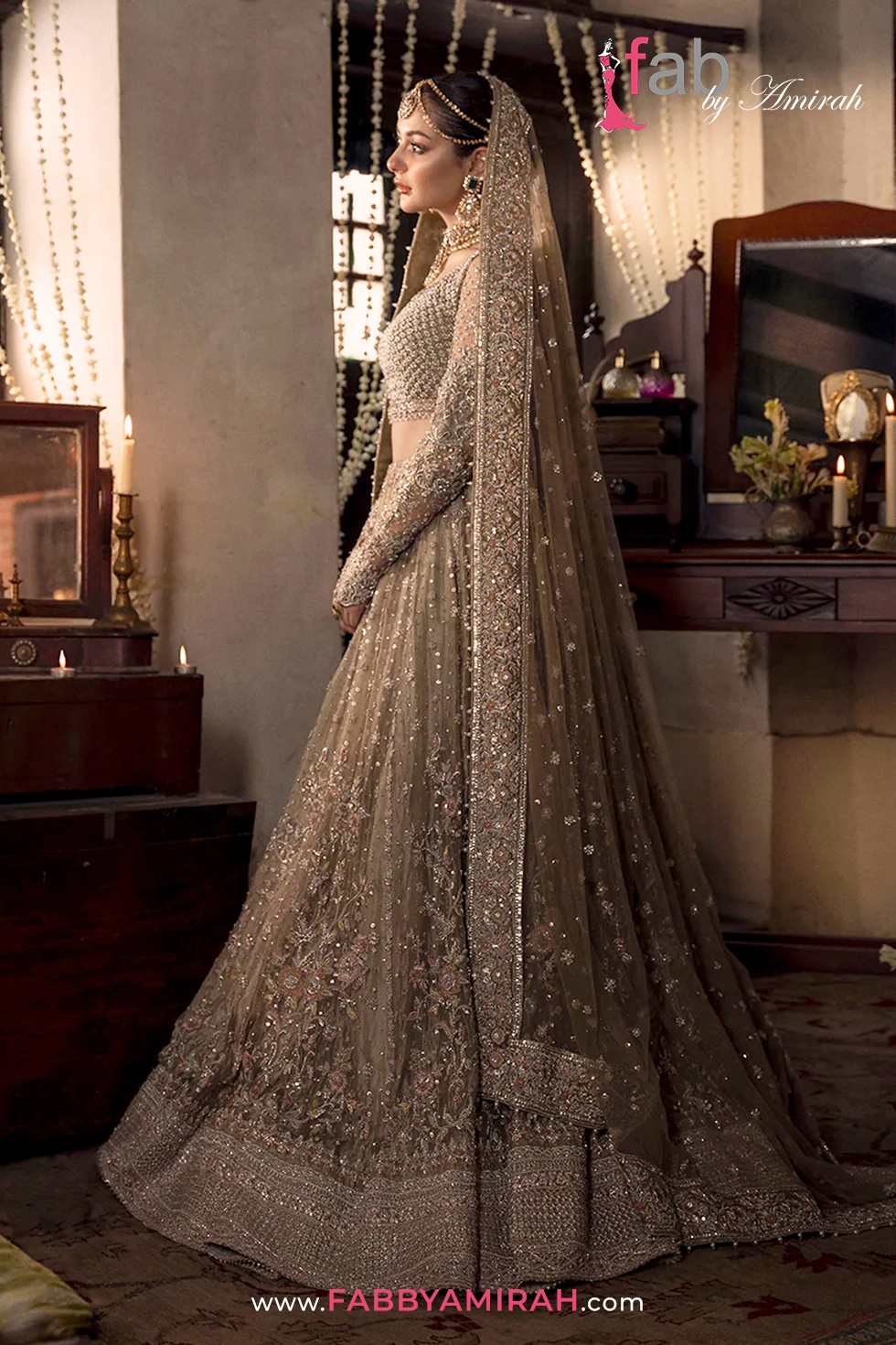 Back view of beige bridal lehenga by Fab By Amirah
