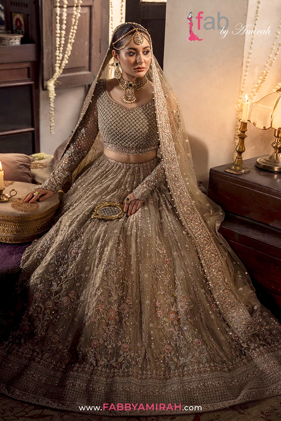 Complete beige tissue bridal set with embellished net dupatta