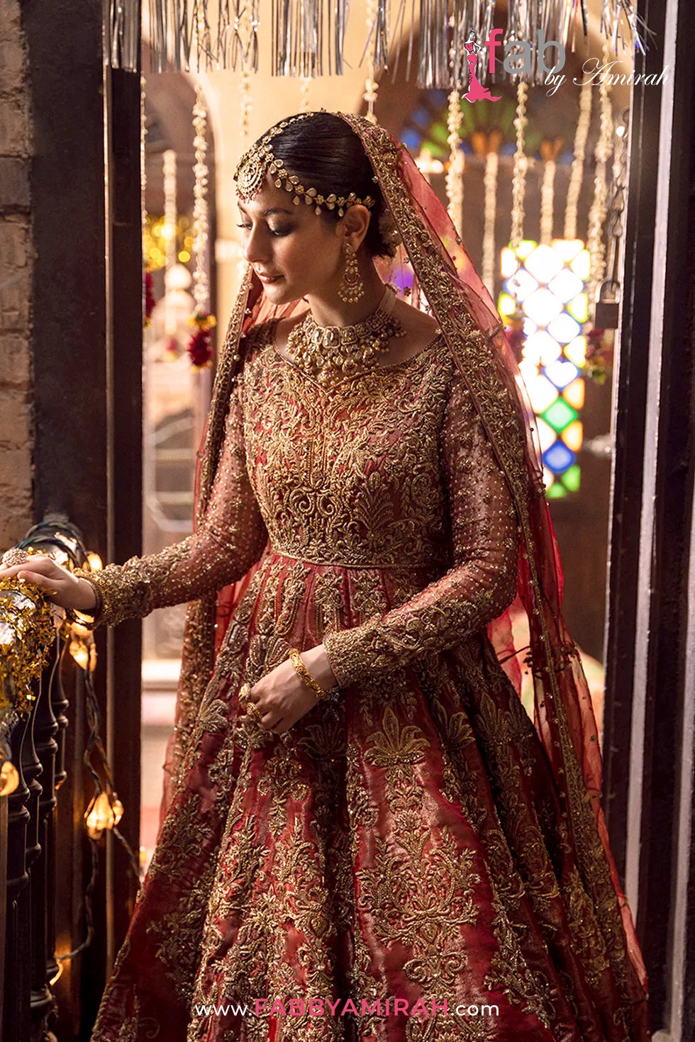 Complete deep red pishwas set with embellished tissue dupatta border
