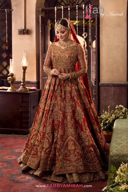 Deep red bridal pishwas for Barat with lotus bloom embroidery