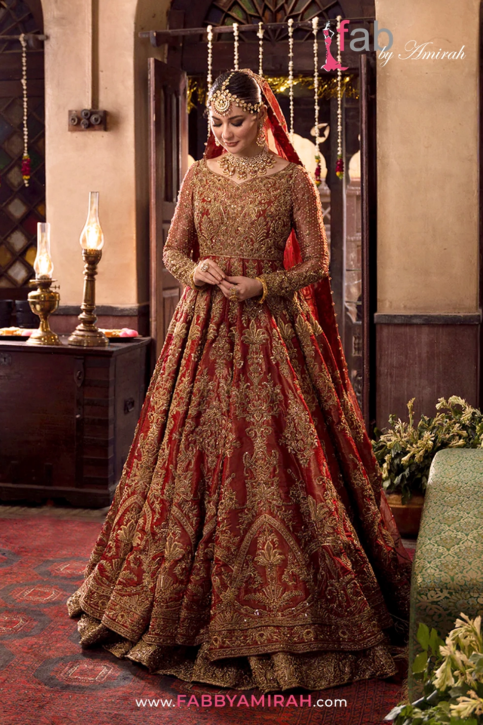 Deep red bridal pishwas for Barat with lotus bloom embroidery