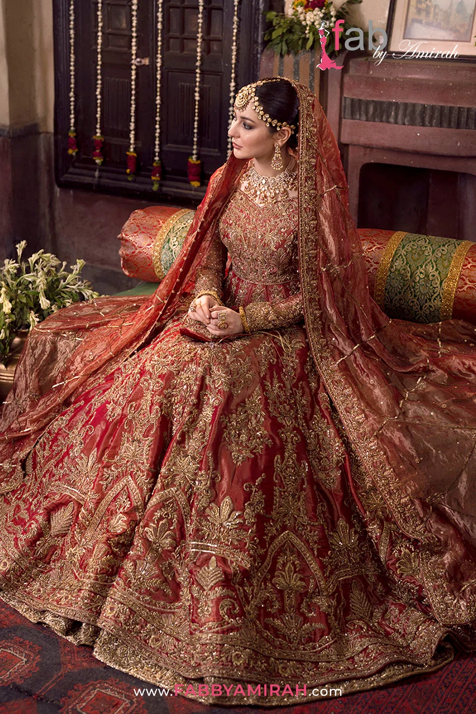 Complete deep red pishwas set with embellished tissue dupatta border