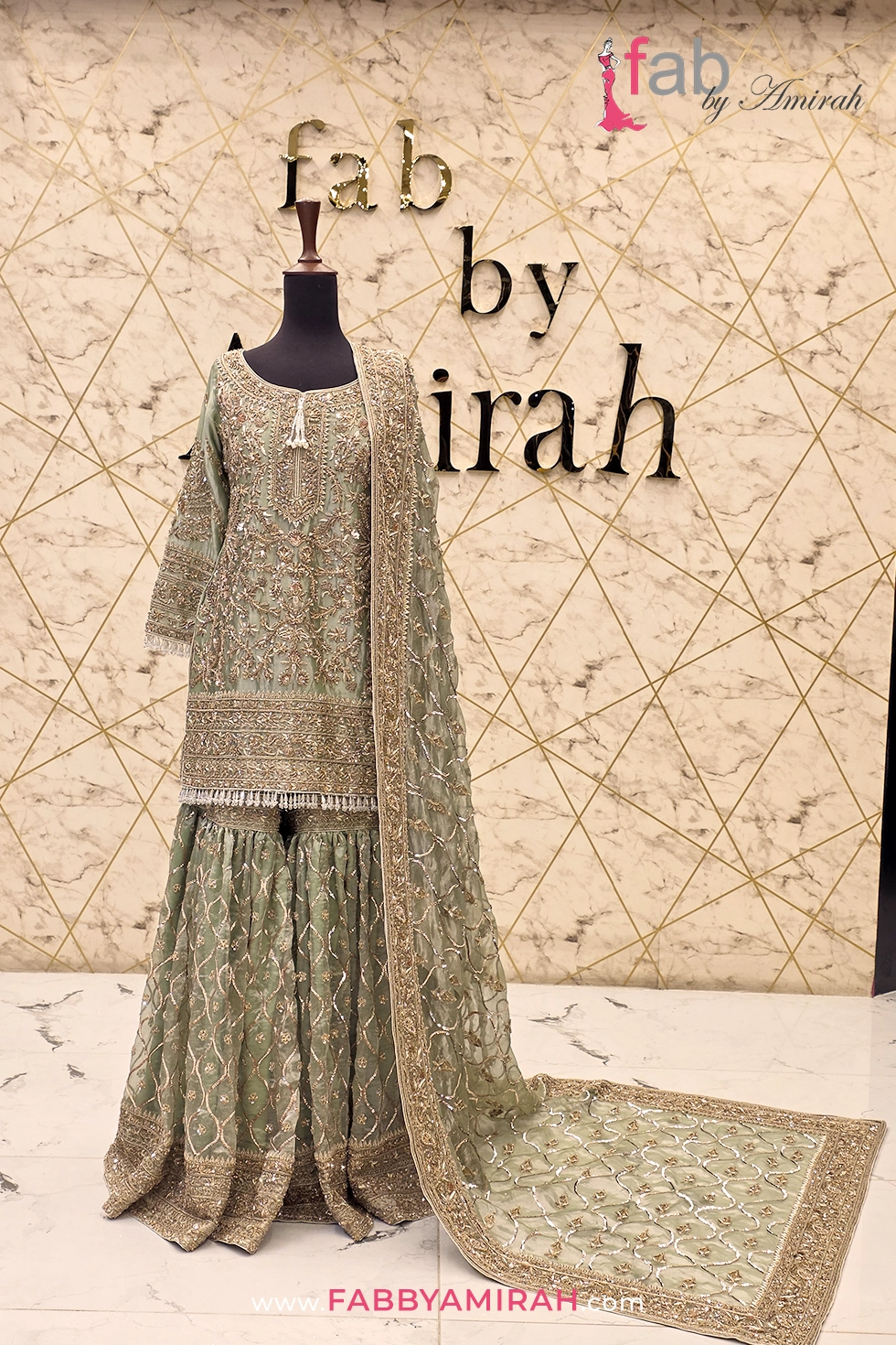 Complete sage green sharara set with pearl bordered dupatta