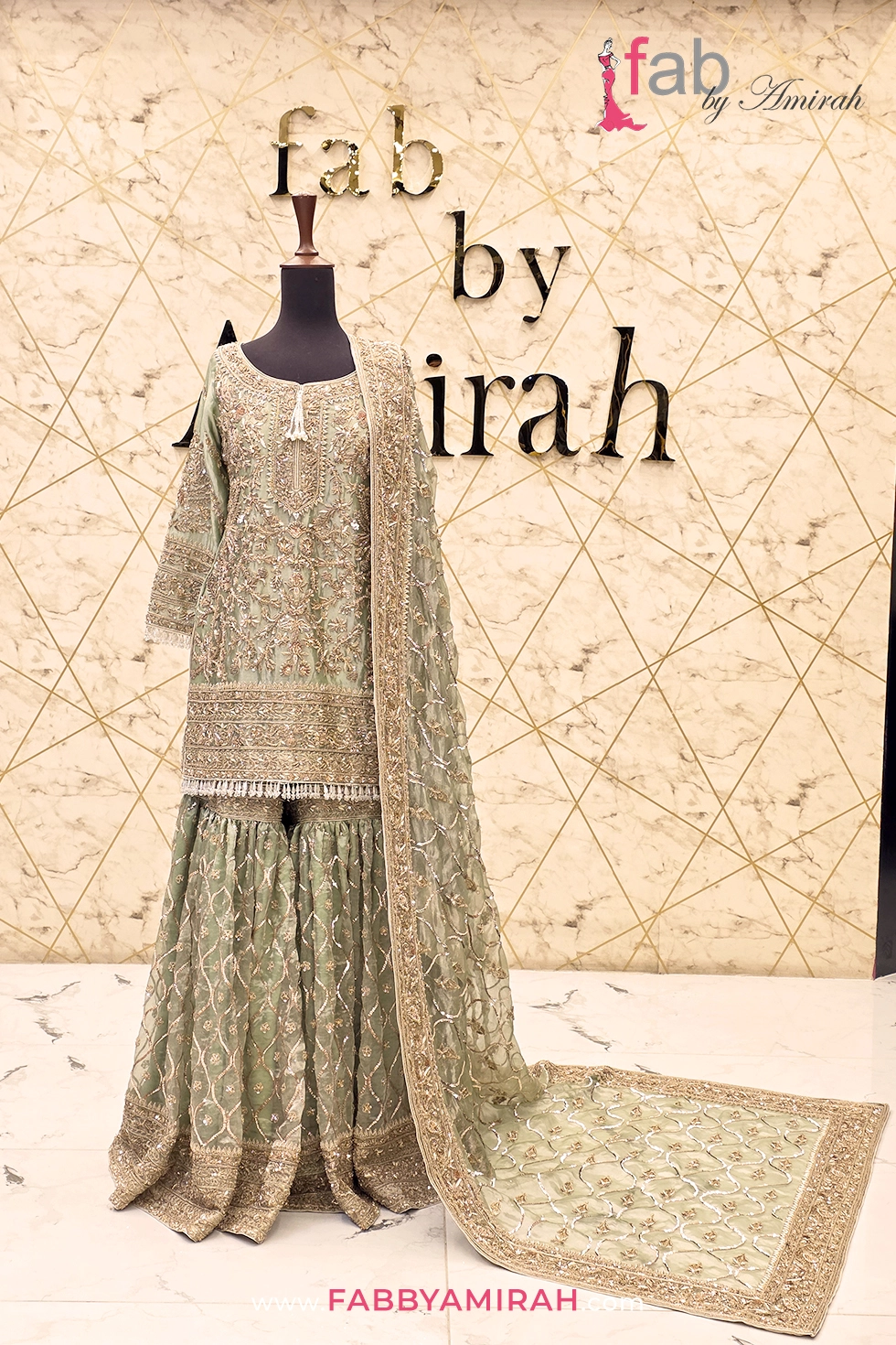 Full view of heavily embellished sharara by Fab By Amirah