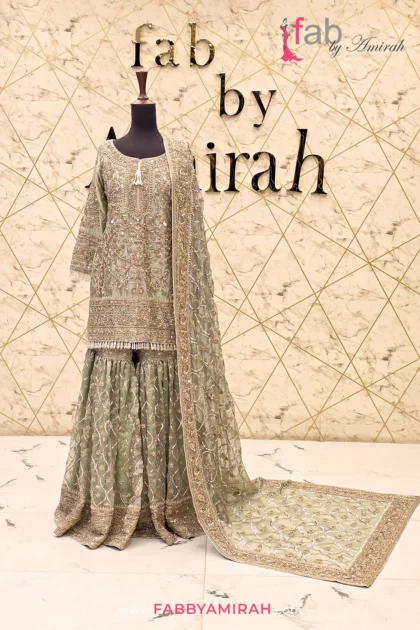 Sage green embroidered sharara with heavy zardozi handwork details