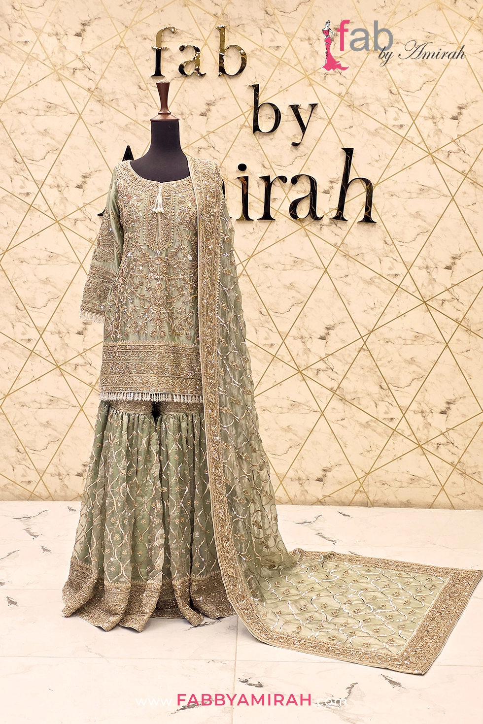 Sage green embroidered sharara with heavy zardozi handwork details