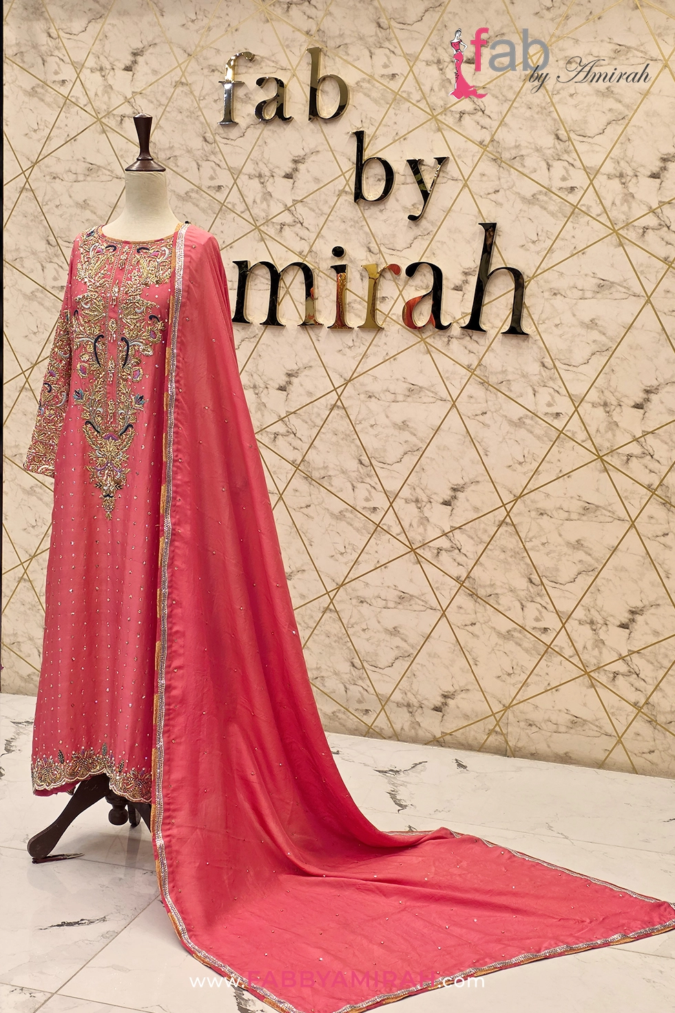 Complete coral pink embroidered straight shirt with matching trousers