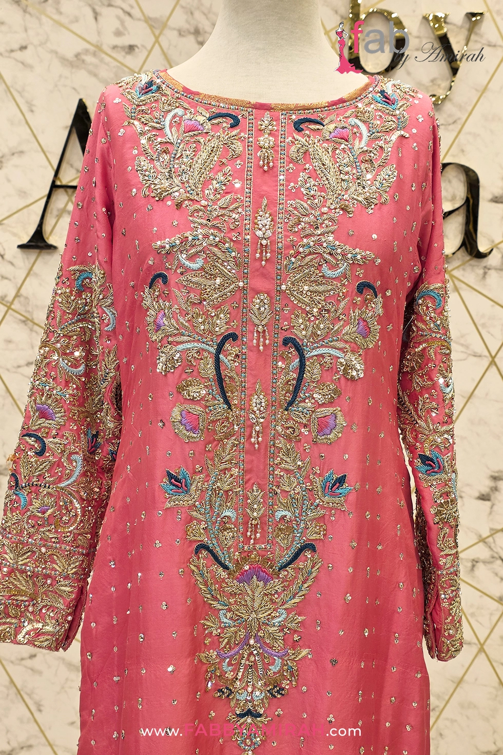 Close-up of Zardozi on coral pink embroidered straight shirt