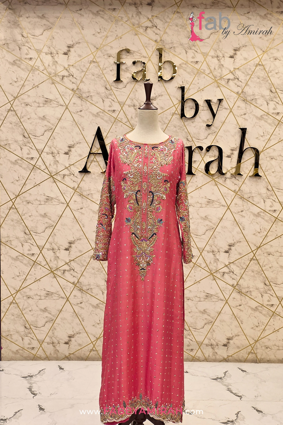 Complete coral pink embroidered straight shirt with matching trousers