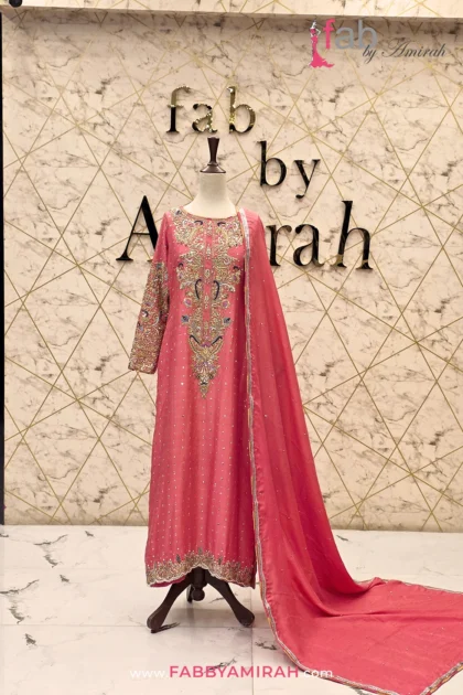 Coral pink embroidered straight shirt formal party wear