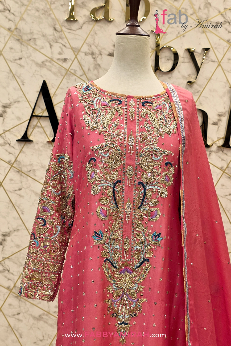 Close-up of Zardozi on coral pink embroidered straight shirt