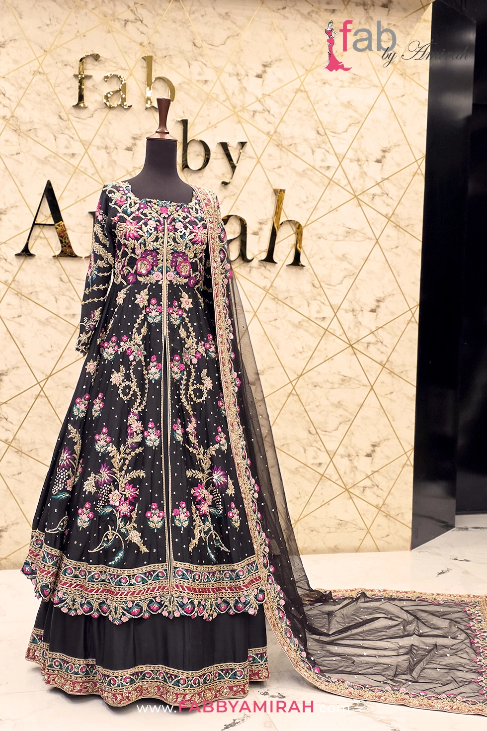 Black front open Barat dress featuring vibrant Zardozi embroidery
