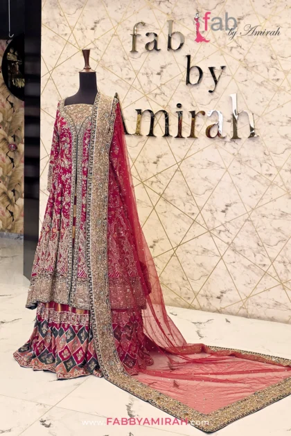 maroon front open maxi walima with intricate gold zardozi by Fab By Amirah