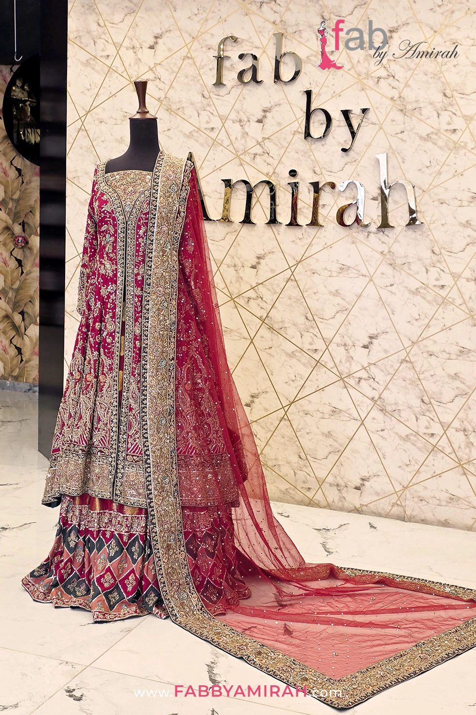 maroon front open maxi walima with intricate gold zardozi by Fab By Amirah