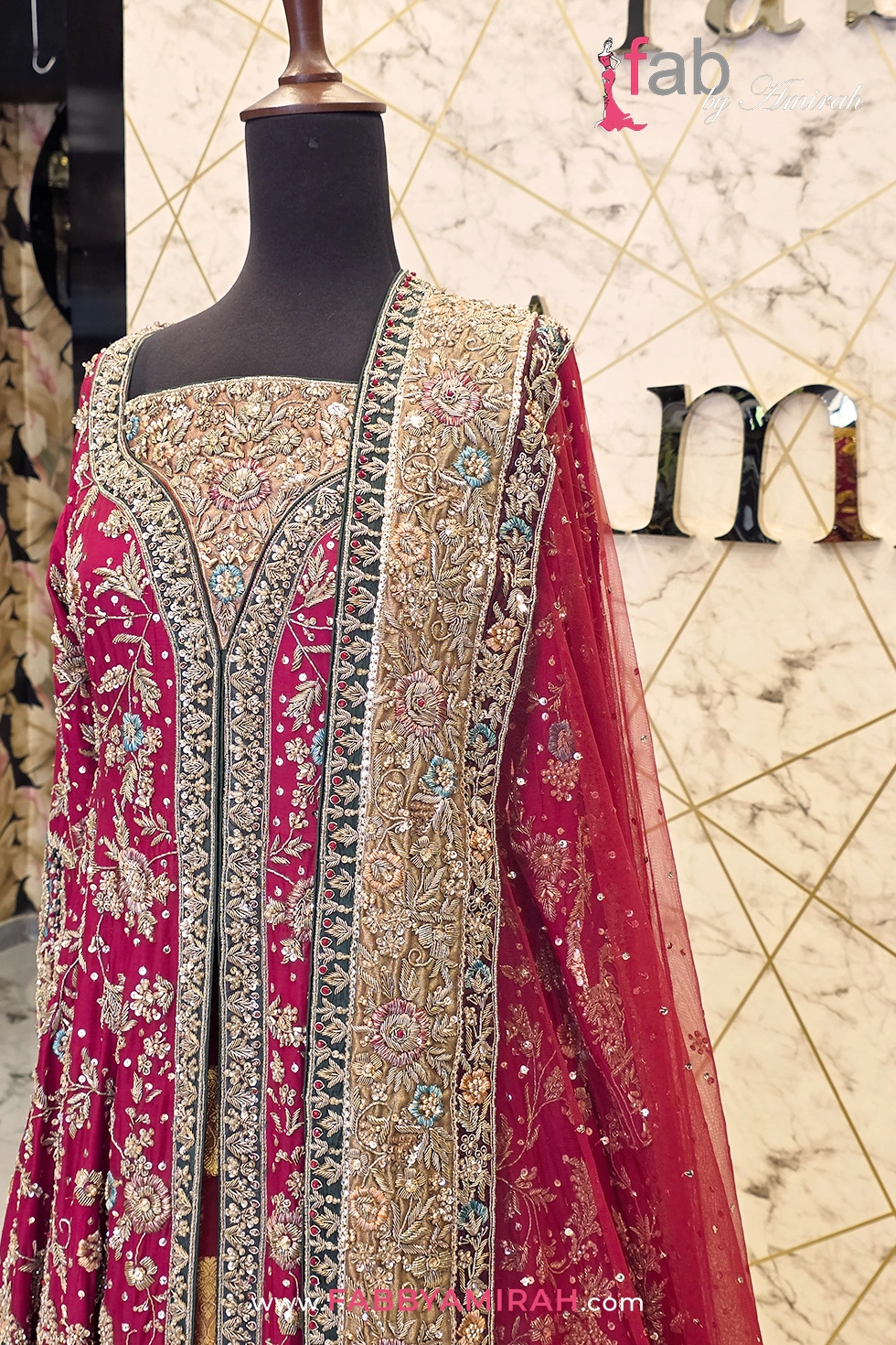 maroon front open maxi walima dress with long train