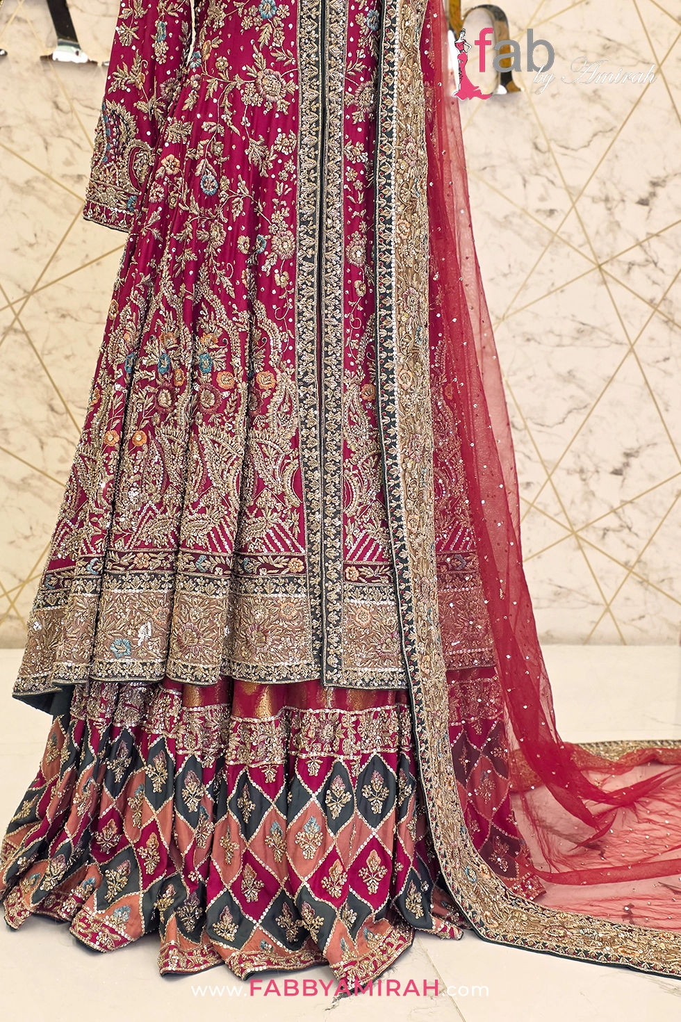 Close-up of structured panel embroidery on luxury bridal maxi