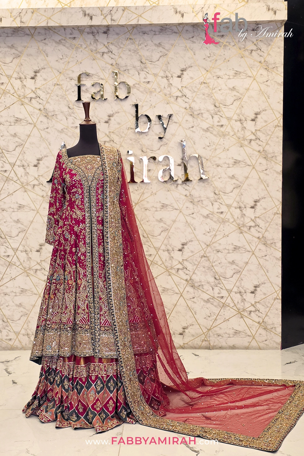 maroon front open maxi walima dress with long train