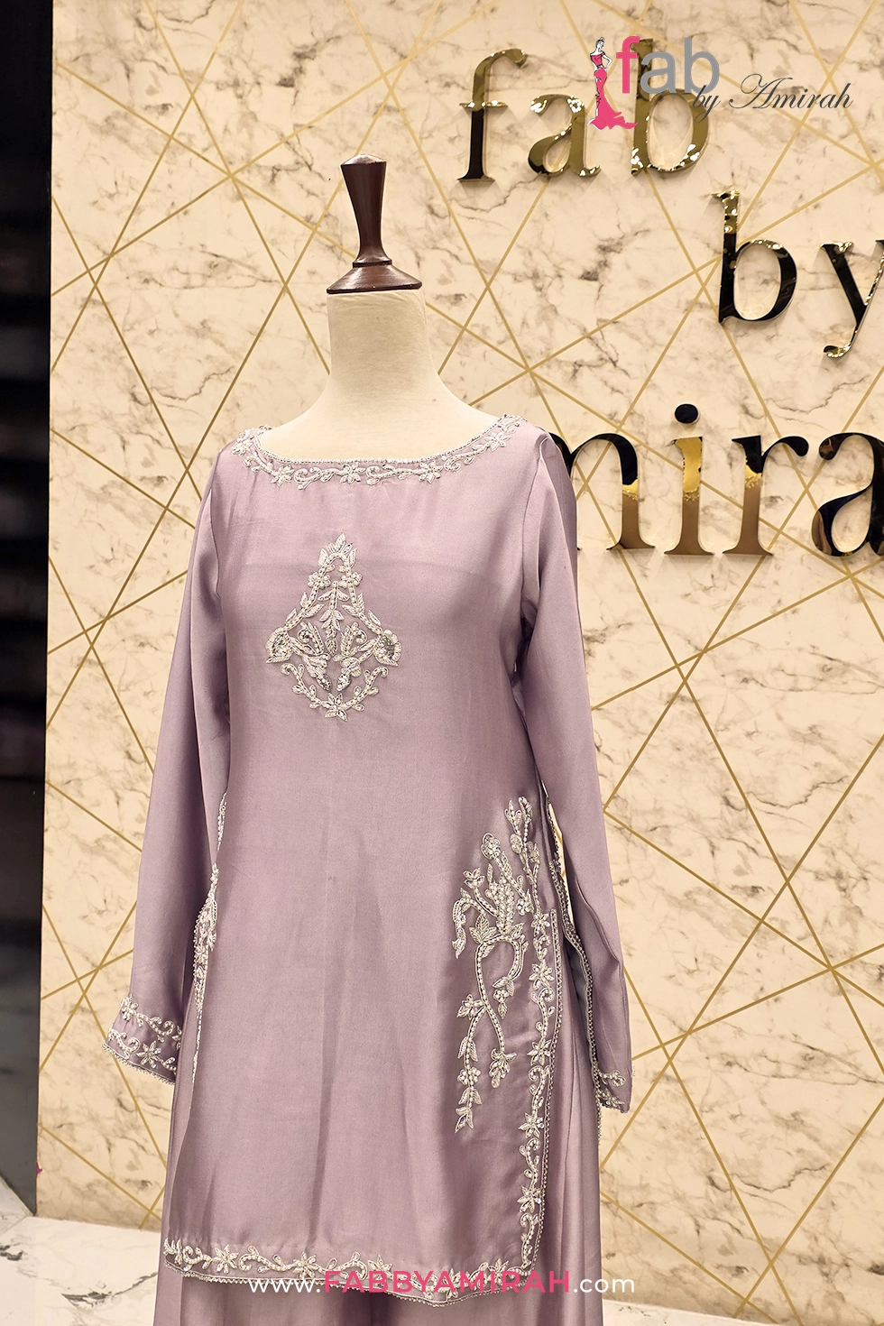 Close-up of zardozi embroidery on lilac formal straight suit