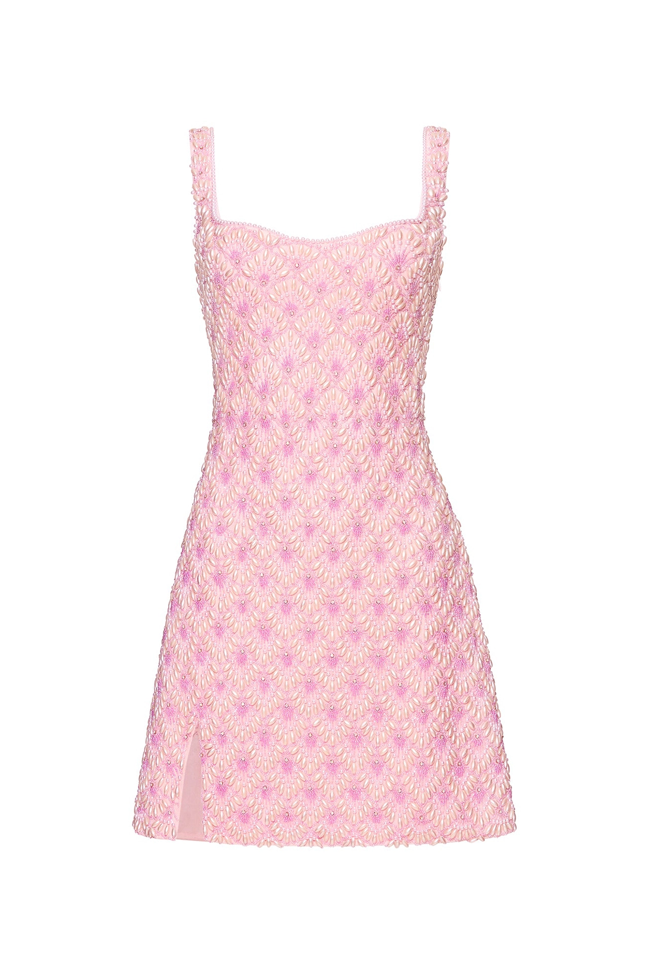 Front flat lay of rose pink mini dress square neck dress with white pearls